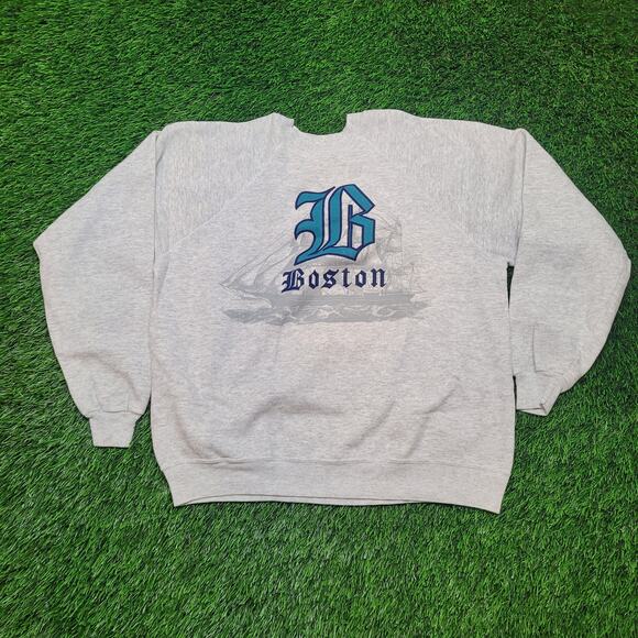 Vintage 90s Hanes Made in USA Boston Sweatshirt Mens Large Raglan Sleeve - Picture 1 of 7